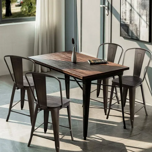 Vista 2 de COSTWAY Taburetes de comedor con asiento y respaldo de madera, taburete de metal industrial de altura de mostrador, sillas modernas apilables