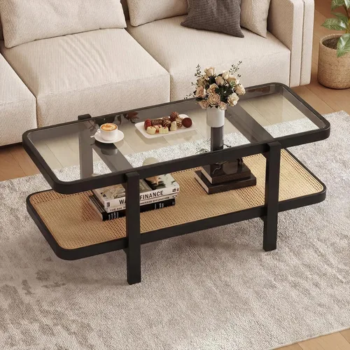 Vista 11 de Giantex Mesa de centro de ratán, mesa de té de madera ovalada de 2 niveles con mesa de vidrio templado y estante de almacenamiento de ratán de Negro