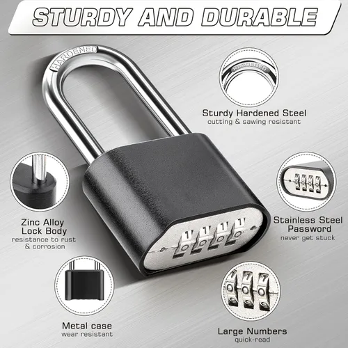 Vista 4 de Candado de combinación de 4 dígitos con grillete largo, color negro, resistente a la intemperie, paquete de 2 cerraduras de puerta de aleación