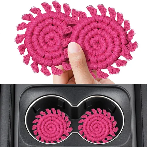 Vista 10 de Portavasos para automóvil, paquete de 2, posavasos de algodón para portavasos de automóvil, soporte de macramé bohemio, accesorios para interiores