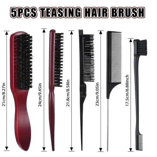 Vista 5 de cobee Juego de 5 cepillos de pelo con parte trasera lisa, cepillo de cerdas para control de bordes, peine de burlas, palo de cera para cabello