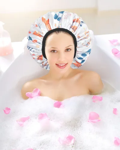 Vista 9 de Aquior Gorro de ducha con forro de rizo para mujer, gorro de ducha reutilizable, triple capa impermeable, extra grande para mujeres de pelo largo