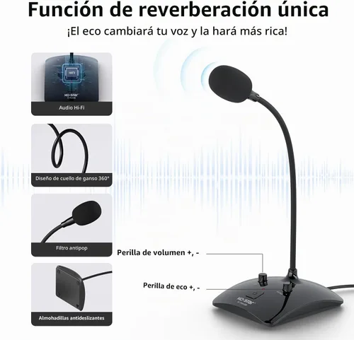 Vista 3 de Micrófono USB de cuello de cisne para conferencias, micrófono de escritorio omnidireccional flexible de 360° con cancelación de ruido, botón