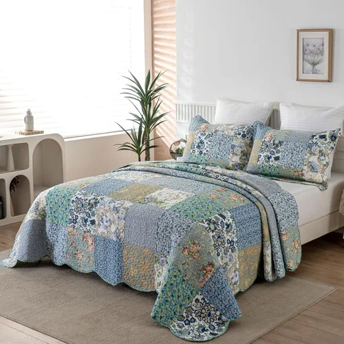 Vista 2 de YAYIDAY - Edredón tamaño Queen, juego de colcha con diseño de retazos - 100% algodón reversible y transpirable con estampado floral acolchado
