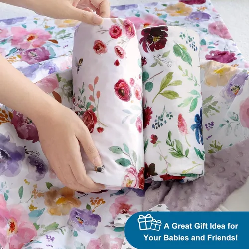 Vista 5 de HOMRITAR Manta de bebé para niños y niñas, súper suave, manta de doble capa con respaldo punteado, manta de recepción con diseño floral multicolor