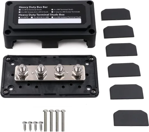 Vista 11 de Barra de bus de 12 V 100 A, bloques de distribución de energía resistente, 4 postes de 1/4 pulgadas + 12 terminales de tornillos de 5/32 pulgadas