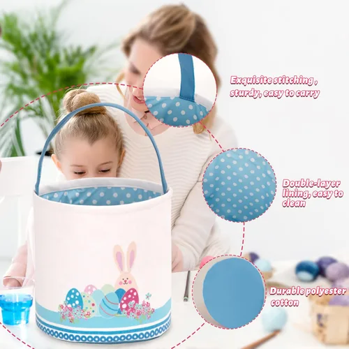 Vista 3 de LessMo - Canasta de conejito para huevos de Pascua, color azul, bonita, personalizable, de lona y algodón, canasta para búsqueda de huevos de Pascua