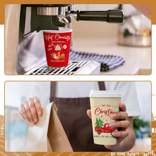 Vista 4 de Gerrii Juego de 100 vasos de papel de Navidad desechables de 12 onzas con tapas, tazas de chocolate caliente, tazas de café, tazas calientes