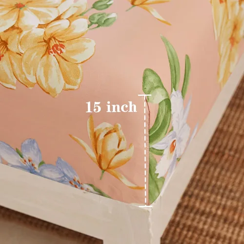 Vista 3 de JSD Juego de sábanas de 4 piezas con estampado floral naranja, tamaño King, sábanas de microfibra botánica suave, bolsillo extra profundo