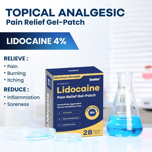 Vista 2 de Sumifun Parches de lidocaína al 4 % de máxima resistencia, 28 parches para aliviar el dolor para espalda, hombros, codos, rodillas, músculos