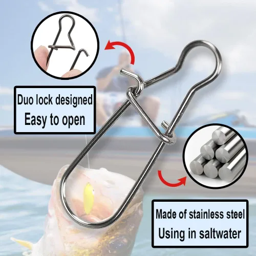 Vista 3 de Duo-Lock - Clips de pesca de acero inoxidable con cierre de gancho de señuelo de cierre de cambio rápido, accesorios de pesca de agua salada