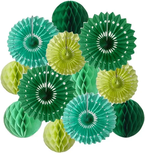 Vista 13 de 12 piezas de bolas de panal de 6 pulgadas y 8 pulgadas, abanicos de papel de seda, abanicos de bolas de panal para fiestas, decoraciones de pared