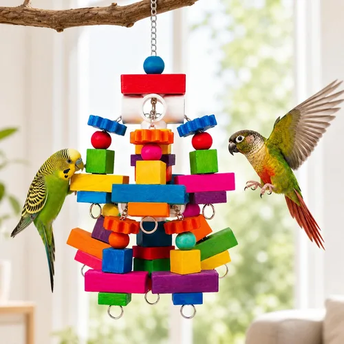 Vista 6 de Juguetes masticables para loros, juguetes grandes para pájaros con bloques
