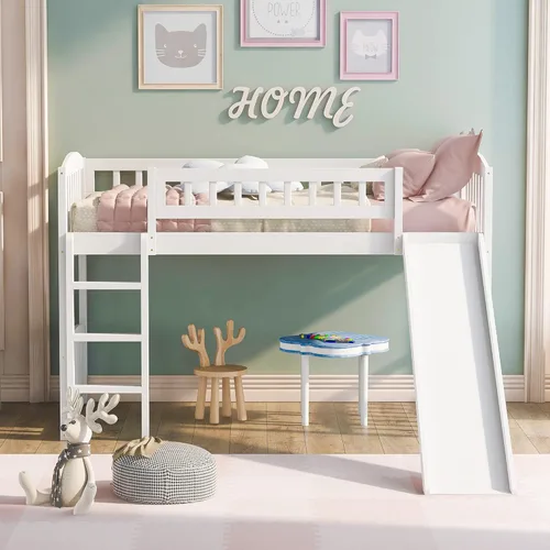 Vista 7 de Harper & Bright Designs Cama baja de tamaño individual con tobogán y escalera, cama alta junior para niños, cama alta de madera individual