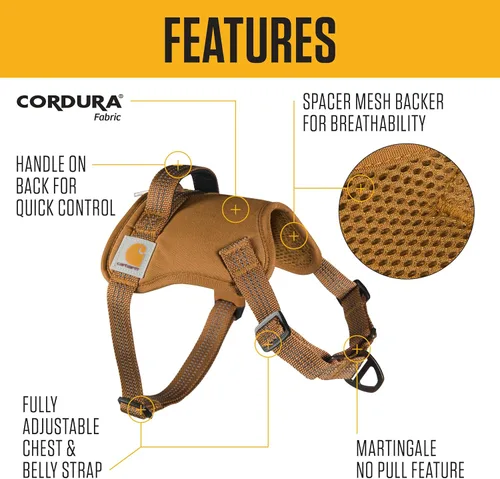 Vista 2 de Carhartt Arnés para Perro de Lona de Nylon Sin Tirones, Completamente Ajustable con Mango de Control Rápido y Detalles Reflectantes, Marrón
