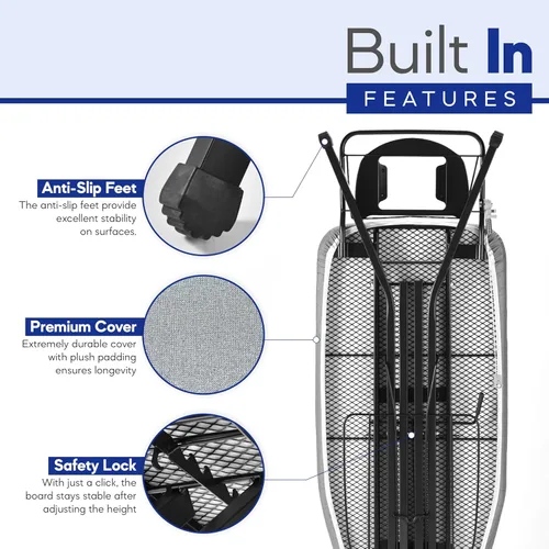 Vista 4 de Tabla de planchar extra ancha: superficie grande de 48"×18" (57" con soporte para plancha) • Perchero integrado para ropa, colgador y soporte