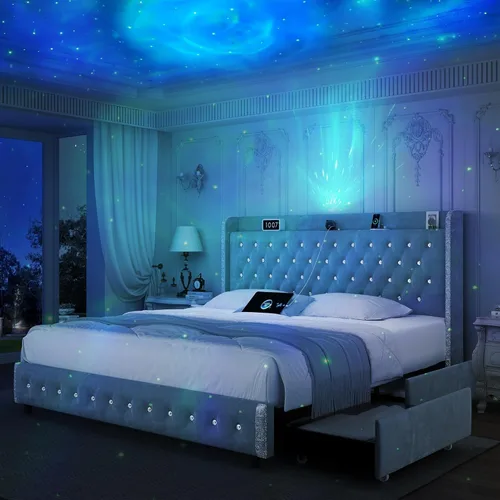Vista 9 de Base de cama LED Queen con 4 cajones, cargador de proyector de galaxia estrella, altavoz de música, cabecera tapizada con respaldo de ala, marco