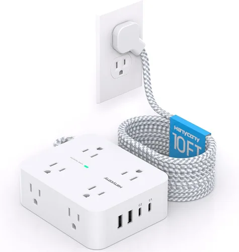 Vista 16 de Protector de sobretensiones y tira de alimentación - HANYCONY 8 salidas 4 puertos de carga USB (2 USB C), extensor de enchufe múltiple, cable