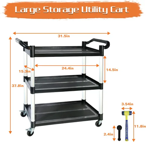Vista 6 de Carros utilitarios con ruedas, carrito rodante de 3 niveles con ruedas, carrito de servicio de alimentos resistente de 510 libras con almohadilla