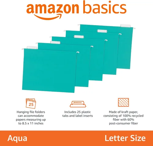 Vista 2 de Amazon Basics Carpetas colgantes para archivos, tamaño carta, aguamarina, paquete de 25