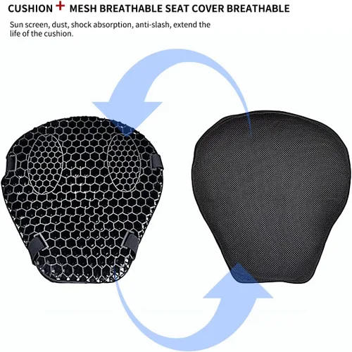 Vista 2 de Cojín universal de asiento de gel para motocicleta, cojín de asiento de panal 3D con funda de asiento de motocicleta para un viaje cómodo y largo