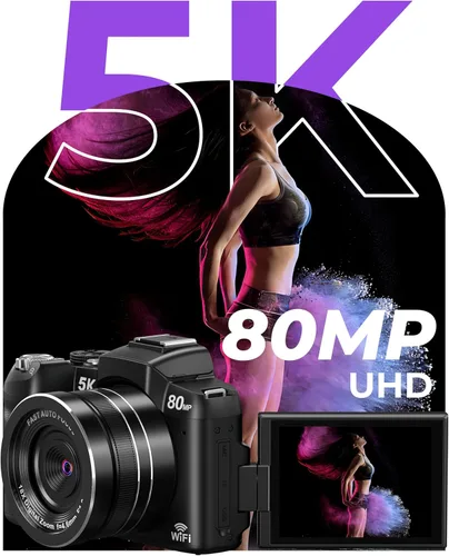 Vista 2 de Cámara digital 5K – Cámaras WiFi de 80 MP para fotografía – Cámara de vlogging de enfoque automático rápido UHD para YouTube con pantalla abatible