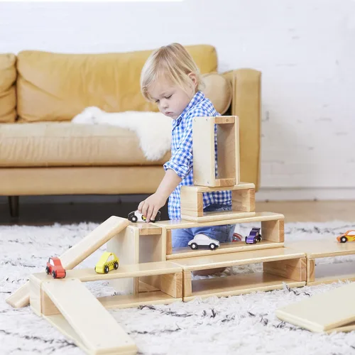 Vista 7 de ECR4Kids Juego apilable de túneles y arcos de madera, juguetes Montessori, natural, 18 piezas