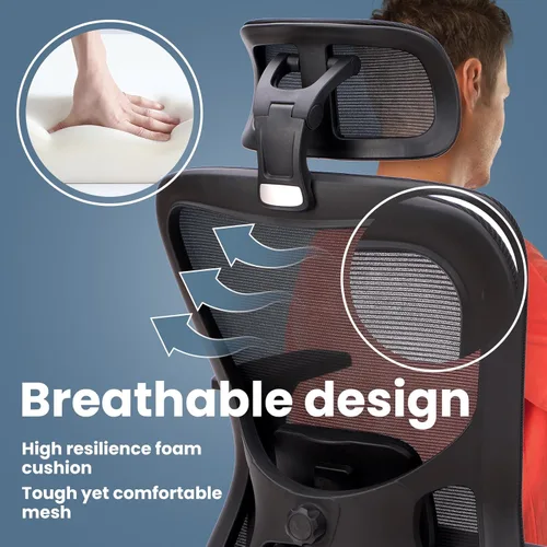 Vista 4 de Silla ergonómica de oficina de escritorio, silla de computadora de respaldo alto con reposabrazos giratorios 3D ajustables para mayor comodidad