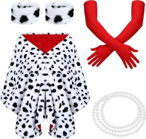 Tisancy Juego de 5 piezas de chal dálmata de Halloween para mujer, estola sintética para cosplay con guantes rojos de los años 20, collar, pulsera y