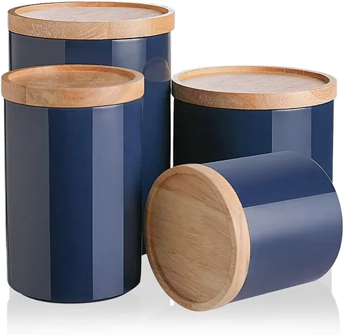 Vista 44 de SWEEJAR – Recipiente de cerámica para almacenamiento de alimentos, recipientes apilables con tapa hermética de madera para servir café molido, té
