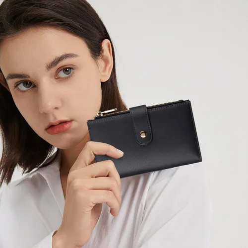 Vista 6 de Billetera con bloqueo RFID para mujer, delgada y delgada, de cuero plegable, funda de tarjetas de gran capacidad, cartera larga para mujer