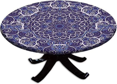 Vista 88 de Mantel redondo ajustable con borde elástico floral azul, mantel con borde elástico de estilo floral pastoral, almohadilla de mesa de poliéster