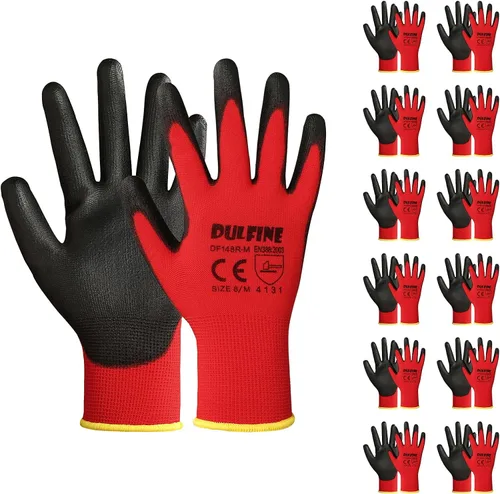 Guantes de trabajo de seguridad con revestimiento de poliuretano, 12 pares, guantes de punto rojo sin costuras con revestimiento de poliuretano,