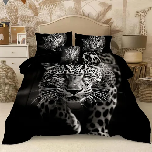 Vista 9 de Juego de edredón de león tamaño Queen con temática de animales salvajes, edredón de león negro, juego de ropa de cama con temática de safari de vida