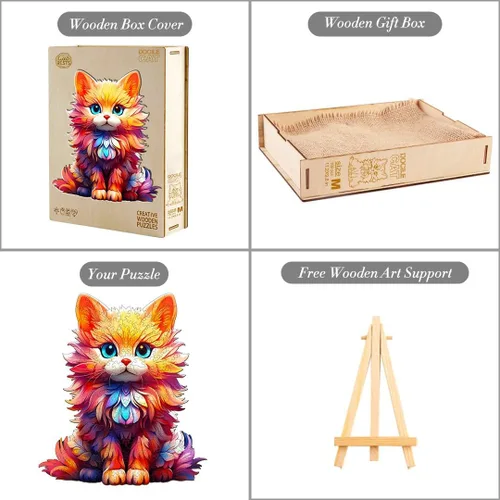 Vista 3 de Rompecabezas de madera, con forma de gato dócil, 190 piezas de 11.2 x 9.8 pulgadas. Rompecabezas ecológico con forma de animal único, regalo