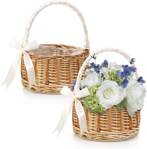 Lyellfe Paquete de 2 canastas de mimbre hechas a mano con cinta de seda con asa, cesta decorativa para huevos y dulces para regalos, bodas,