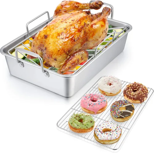 P&P CHEF Bandeja Asadora de 14 pulgadas con rejilla para hornear y rejilla en forma de V, bandeja rectangular de acero inoxidable para lasaña con