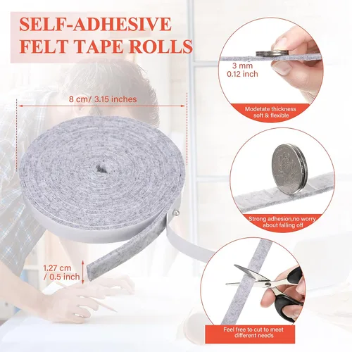 Vista 3 de Zonon 4 rollos de tiras de fieltro de 120 pulgadas con respaldo adhesivo, cintas de fieltro para muebles, rollos de tiras autoadhesivas de poliéster
