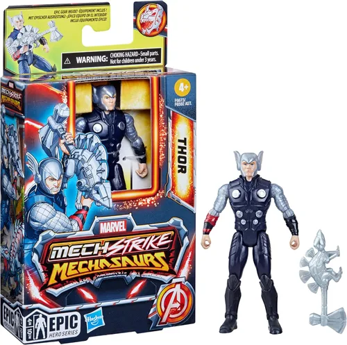 Vista 5 de Marvel Mecasaurios de ataque mecánicos, figura de acción de Thor de 4 pulgadas con accesorio de arma de dinosaurio, juguetes de superhéroes