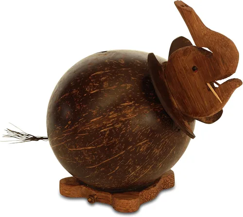 G6 Collection Único hecho a mano de madera de concha de coco lindo elefante, alcancía hecha a mano, rústica, tallada a mano, decorativo, ahorra
