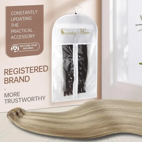 Vista 6 de Sunny Hair - Extensiones de clip de cabello humano real - rubio dorado con reflejos rubio claro - 24pulgadas, 7unidades, 4.23onzas