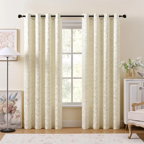 Vista 9 de Cortinas marrones y doradas de 63 pulgadas de largo, 2 paneles de cortinas geométricas para oscurecer la habitación, cortinas con ojales, estampado