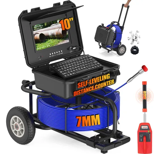 Cámara de alcantarillado autonivelante impermeable IP68 con localizador, cable de fibra de vidrio de 200 pies de 0.276 in y sonido de 512 Hz,