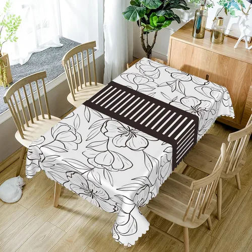 Vista 5 de Mantel rectangular floral de 52 x 70 pulgadas, color blanco y negro, estampado floral, a prueba de derrames y aceite, para cocina, comedor Negro