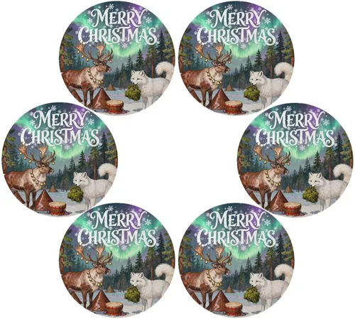 Vista 3 de Merry Christmas Fox Deer Plastic Round placemats Kids placemats for Dining Table Set of 4 15x15 in manteles para mesa