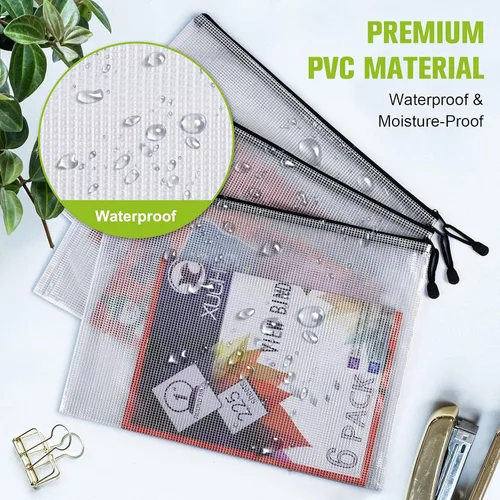Vista 6 de Bolsa de malla con cremallera, 6 bolsas de malla de plástico impermeable con cremallera, bolsa de documentos tamaño A3, bolsas de archivos