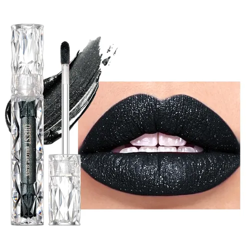 Brillo labial negro con purpurina, lápiz labial Diamond Shimmer, lápiz labial mate metálico de alto pigmento, impermeable, de larga duración, lápiz