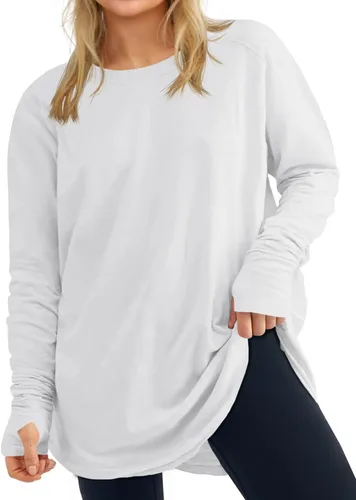 Camiseta básica de manga larga para mujer, talla grande, cuello redondo, ajuste holgado, para verano, camiseta básica