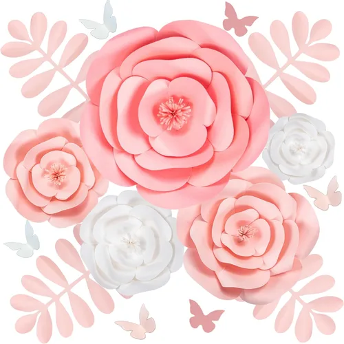 Rainbows & Lilies 15pc Large Paper Flowers Decorations for Wall - Reusable 3D Wall Decor for Girls Room, Nursery & Kids Bedroom - Pink & White