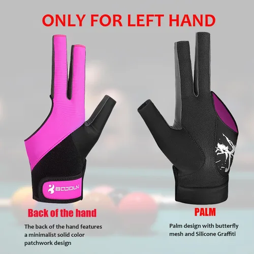 Vista 6 de YFY Billiard Pool Gloves for Left Hand 3 Finger, Splicing Process, Snooker Cue Sport Glove Popular Sizes for Men & Women